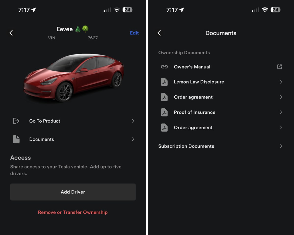 Tesla Vehicle Documents feature in update 4.36.5