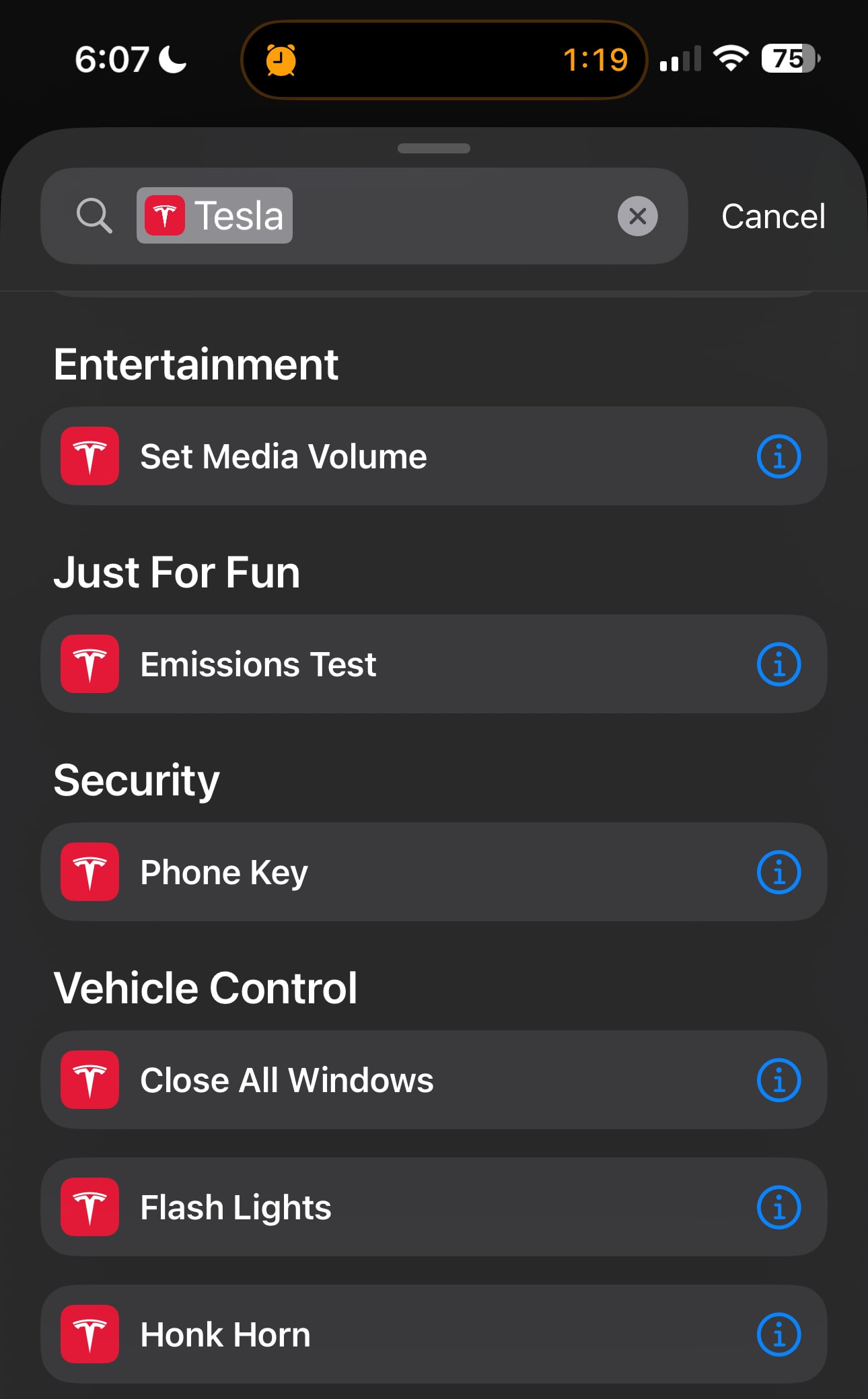 Tesla Shortcuts App feature in update 4.38.5