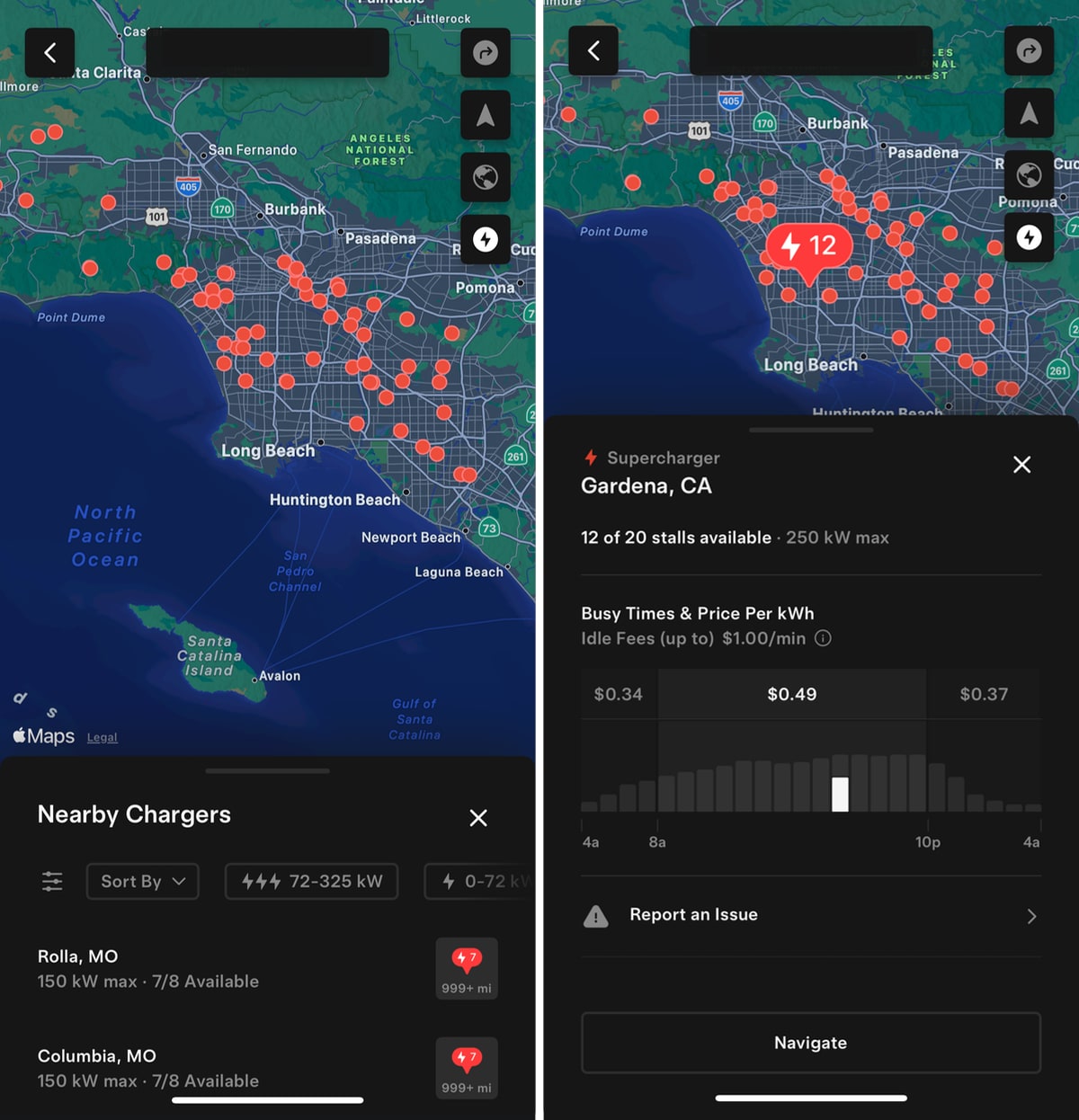 Tesla Supercharger Icons feature in update 4.42.0