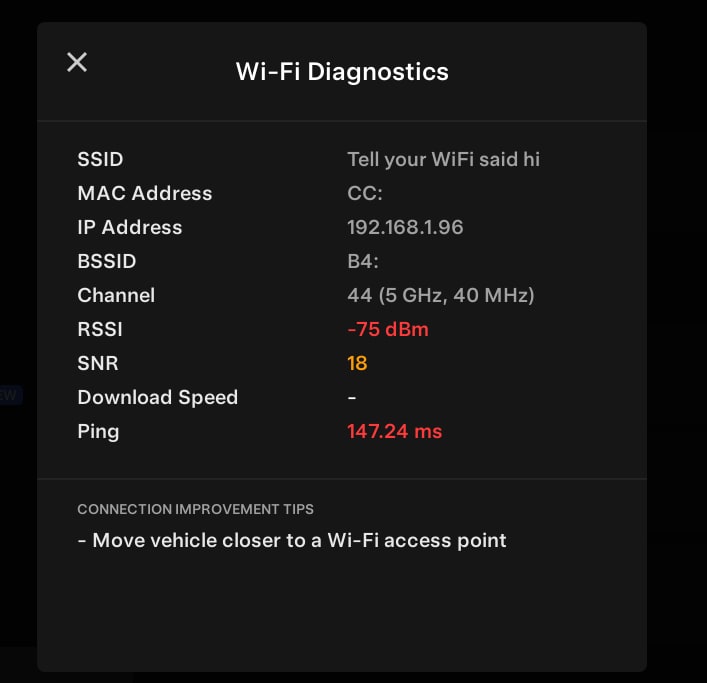 Tesla WiFi Diagnostics Tool feature in update 2024.39.5