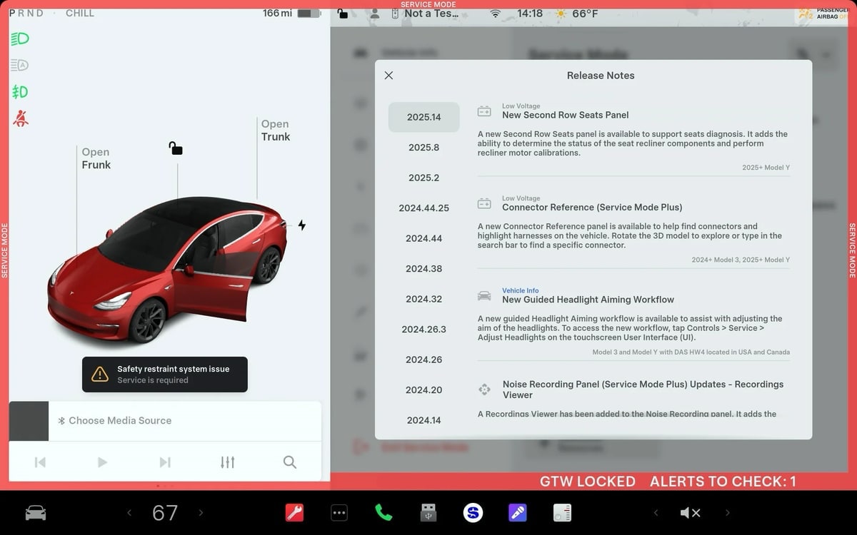 Tesla Service Mode Improvements feature in update 2025.14.3.1
