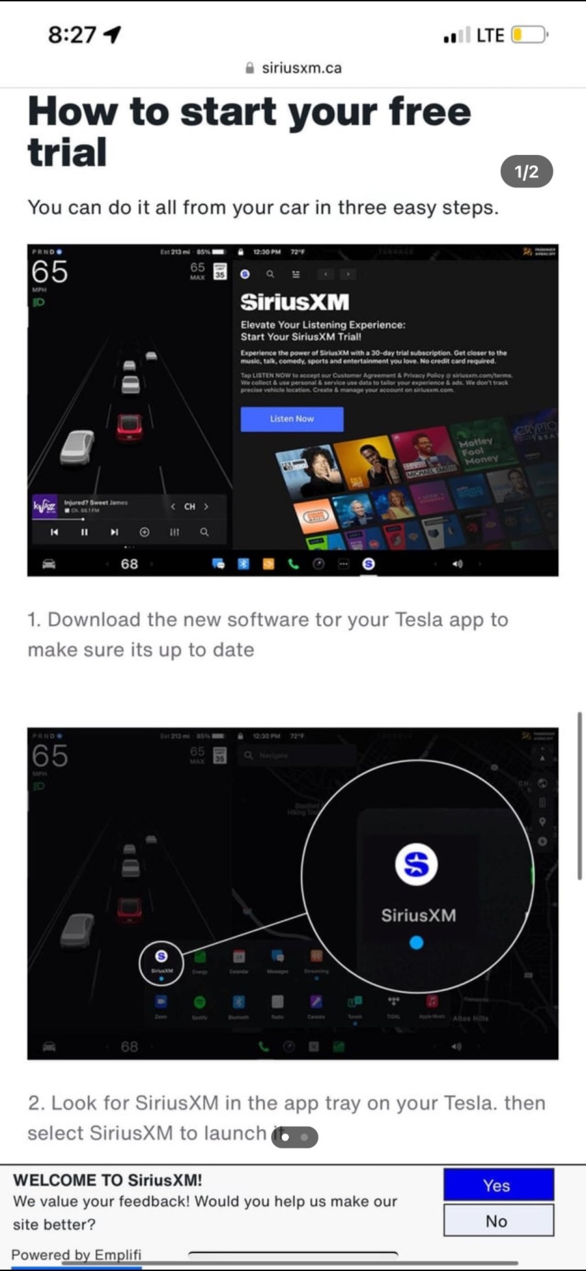 The navigation flow to setup the Demo from SiriusXM's website.