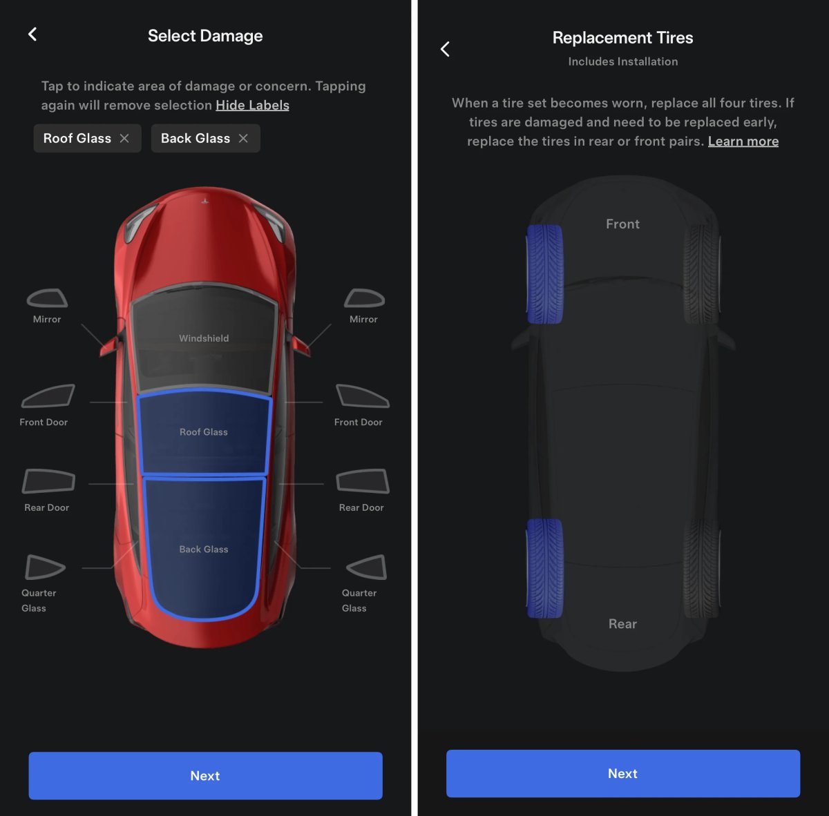 Le menu de sélection des pneus/roues