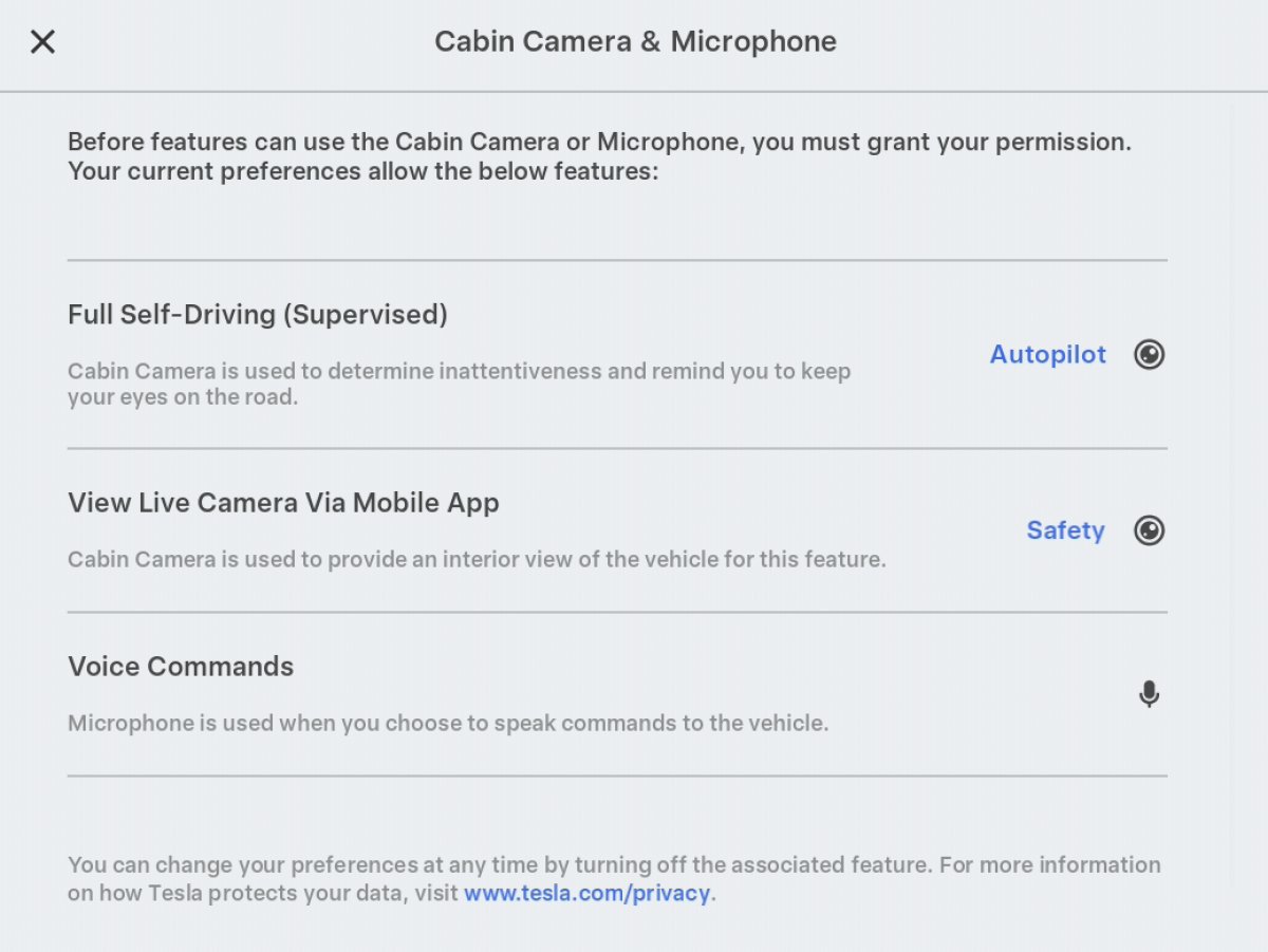 Tesla Privacy Section Now Lists Microphone feature in update 2025.20.6